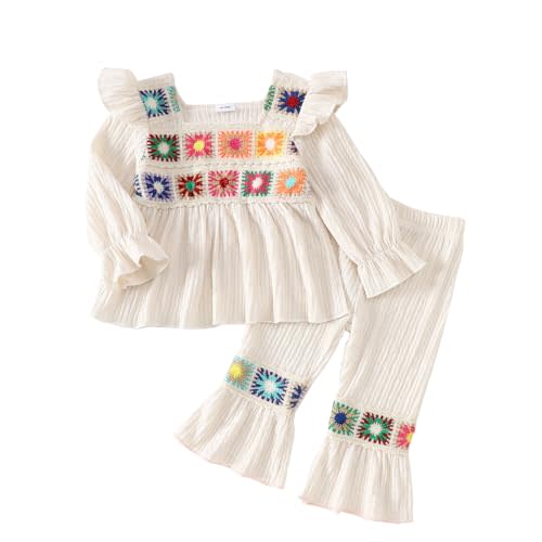 Baby Girl 2pcs Fall Outfits Embroidered Floral Print Long Sleeve Top and Flared Pants