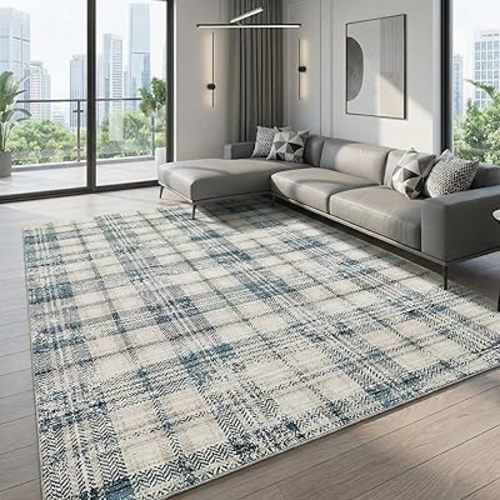 Garvee Washable Area Rug 6x9 Rugs for Living Room Boho Non Slip Large Area Rug for Bedroom Tartan Plaid Soft Low Pile Stain Resistant Carpet for Office Dining Room Classroom Playroom 6'x9' Blue&Beige