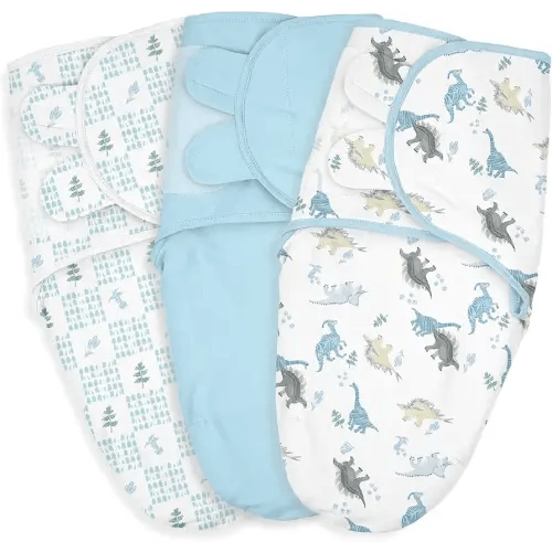 Baby Swaddle Sacks, 3-Pack Newborn Organic Cotton Swaddle Wrap, Adjustable Swaddling Blankets, Nursery Swaddling Essentials for Newborn 0-3 Months, Infant Shower Items Gift (Dinosaur & Forest)