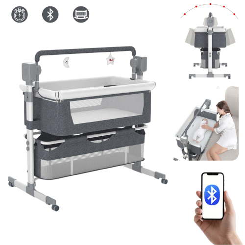 Portable Baby Bassinet Bedside Sleeper with Wheels,Canopy,Storage,Height Adjustable for Newborns/Babies/Infants(Bluetooth Enabled),Unisex,Gray