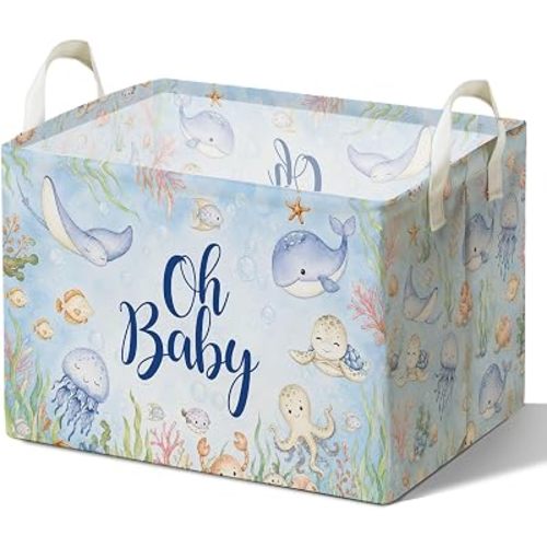 Ocean Nursery Storage Basket, Sea Animal Waterproof Canvas Basket, Blue Square Laundry Hamper, Marine Birthday Gifts for Girls Boys, Under The Sea Party Decor, Toy Foldable Organizer for Bedroom