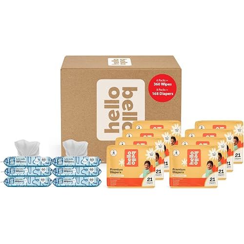 Hello Bello Mega Surprise Pack, Size 4 (22-37 lbs), 168ct Hypoallergenic Assorted Diapers with a Soft, Cloth-Like Feel Plus 360 Ultra Gentle Unscented Baby Wipes in 6 Resealable Packs