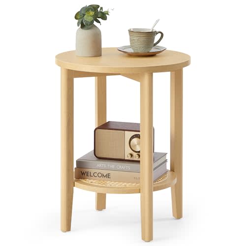 VASAGLE 2-Tier Round Side End Table, Oak Beige
