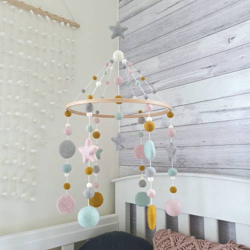 Mustard Mint Pink Baby Mobile, Baby Nursery Mobile, Cot Mobile, Crib Mobile, Felt Ball Mobile, Star Baby Mobile, Girl Mobile, Nursery Decor