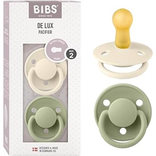 BIBS Pacifiers - De Lux Collection | BPA-Free Baby Pacifier | Made in Denmark | Set of 2 Ivory/Sage Color Premium Soothers | Size 6-18 Months