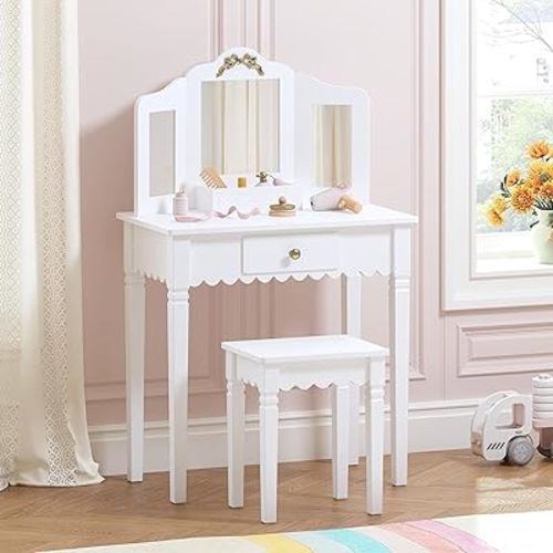 Spirich Kids Vanity Table Set with Gold Bow, Makeup Vanity for Little Girls