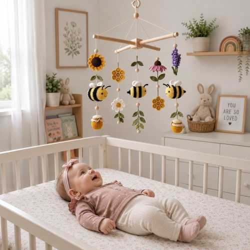 Bee Baby Mobile, Crochet Bee Crib Mobile, Sunflower Nursery Decor, Honey Bee Baby Mobile, Baby Shower Gift, Handmade Crochet Baby Mobile