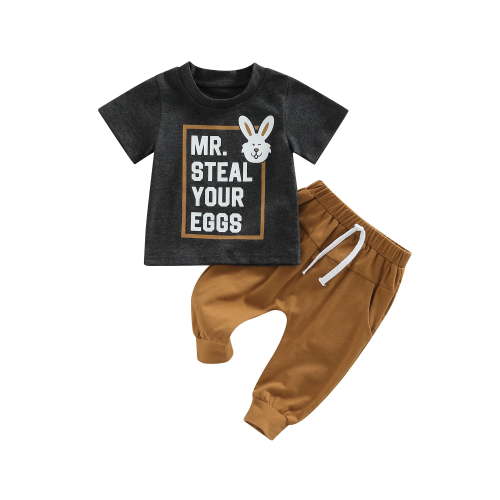 Bagilaanoe 2Pcs Toddler Baby Boy Easter Outfits Letters Print Short Sleeve T-shirt Tops + Sweatpants 6M 12M 18M 24M 3T Kids Long Pants Set