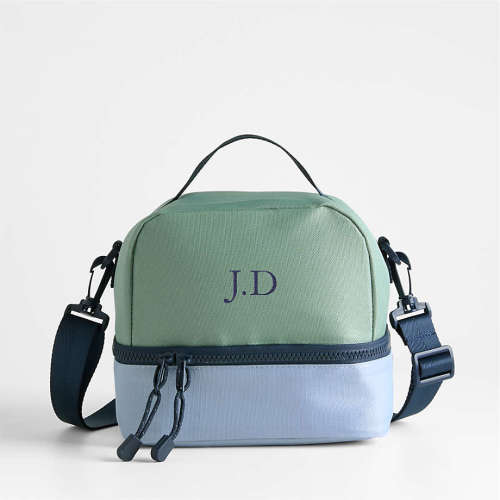 Personalized Green and Blue Colorblock Dual Compartment Soft Insulated Kids Lunch Box