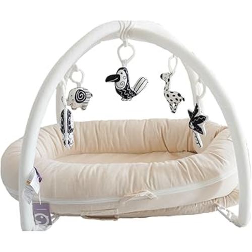 CooCooBaby Deluxe Infant Lounger, Baby Nest Cover for Baby Girls & Boys, Newborn Essentials for Baby 0-12 Months, 100% Cotton (CreamyWhite + Play Arch)