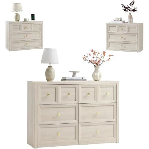 3 Piece Dresser Bedroom Set - 6 Drawer Dresser and 3 Drawer Oversized Nightstands Set of 2 with Charging Station, Farmhouse Dresser Sets for Bedroom,Grey White
