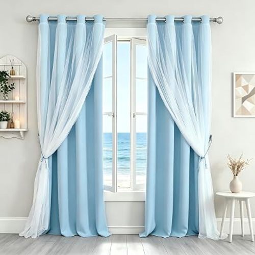 Light Blue Blackout Curtains 84 inch Length - Double Layers Blue Romantic Curtains with Sheer Overlay, Window Curtains & Drapes for Kids/Girls/Boys Bedroom Living Room Nursery, 2 PCs