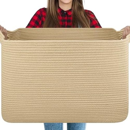 118L Extra Large Blanket Basket, 24.8"x17.7"x16.2" Woven Rope Baskets for Storage, Nursery Blanket Storage for Living Room, Toy Basket with Handle Organizing Comforter Cushions Pillows, Jute