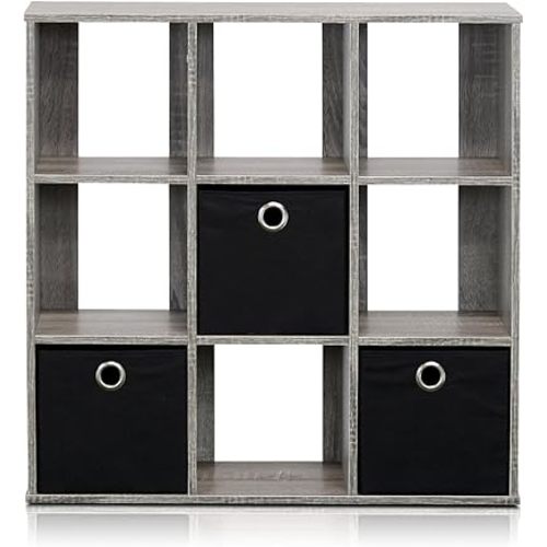 Furinno Simplistic 9-Cube Organizer with Bins, Small Size (Assembled unit dimensions : 7.9"D x 26.5"W x 26.7"H inches), French Oak/Black