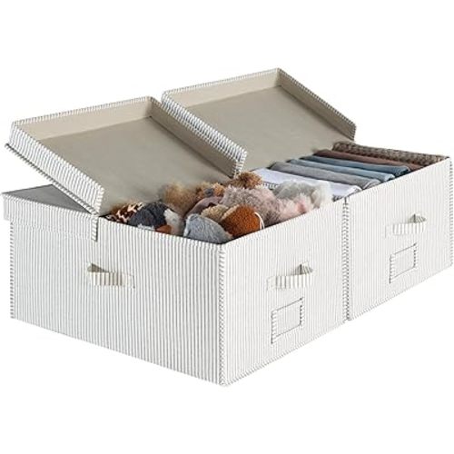 StorageWorks Extra Large Storage Bins with Lids, 55L Decorative Organizer with Divider Board, Fabric Boxes with Handles, Khaki and Beige Stripes, 2-Pack