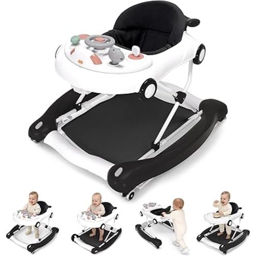 5-in-1 Convertible Baby Walker with Steering Wheel Music Activity Center – Infant Rocker, Jumper, Push Walker, Bouncer & Feeding Foldable Walker for Ages 6-18 Months Boys Girls (Black)