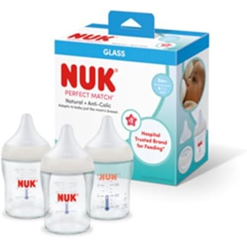 NUK Perfect Match Glass Natural + Anti-Colic Bottle, 8 oz. Glass Baby Bottles with SafeTemp Temperature Indicator, Newborn Essentials, 3-Pack