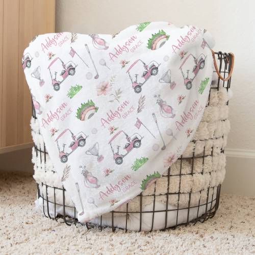Custom Pink Golf Baby Name Blanket Personalized Sports Swaddle Hospital Blanket New Mom Gift Newborn Gift Baby Shower Gift Toddler Blanket