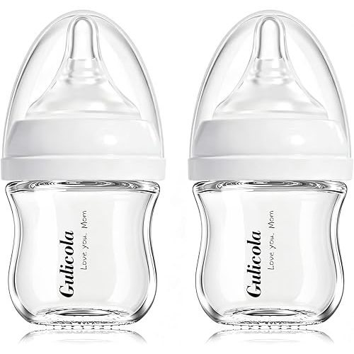 Gulicola Small Glass Baby Bottle for Newborn Breastfeeding Babies, Preemie & Extra Slow Flow Nipples (SS), Anti-Colic, Breast-Like, 0 Months+, 3 oz, 2 Pack - White