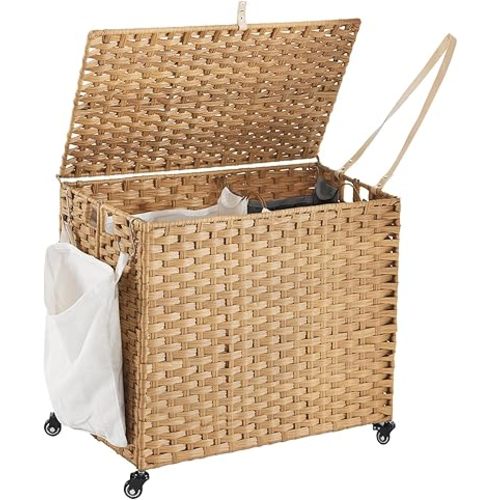 Laundry Hamper with Wheels, 34.3 Gallon(130L) Rolling Laundry Basket with Lid, Removable Large 2 Color Liners & 3 Mesh Laundry Bags, Clothes Hamper with Side Pocket, Natural