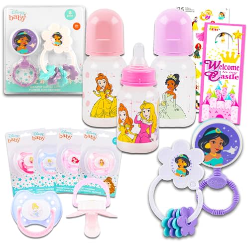 Disney Princess Baby Gift Set, Baby Shower Gifts Girls Neutral - 8 Pc Newborn Essentials Bundle with Rattle, Bottle, Pacifier, Scrapbook Stickers, More