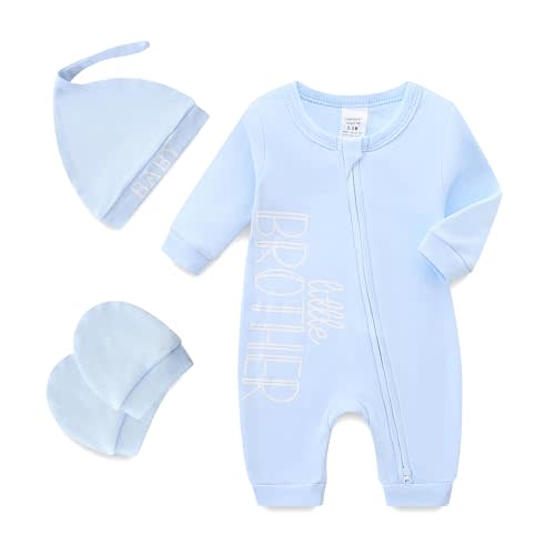 Babymine 100% Cotton 2-Way Zipper Little Brother Newborn Outfit 0-3 Months | Coming Home Romper with Mittens and Hat,Newborn Photography Outfits boy