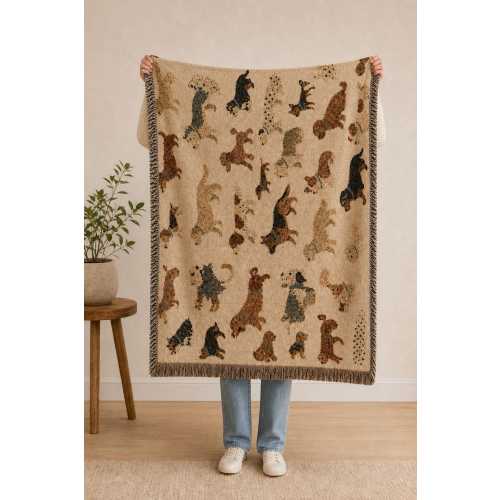 Dog Pattern Woven Blanket | Tapestry Throw, Puppy Silhouette Design