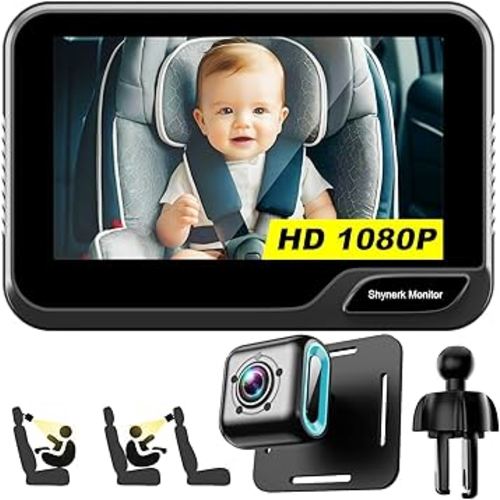 Baby Car Mirror, 4.3'' HD Night Vision Function Mirror Display, Wide View Baby Car Camera Monitor 1080P Rear Facing Monitor, 360 Rotation Backseat Camera Black YB-405CA