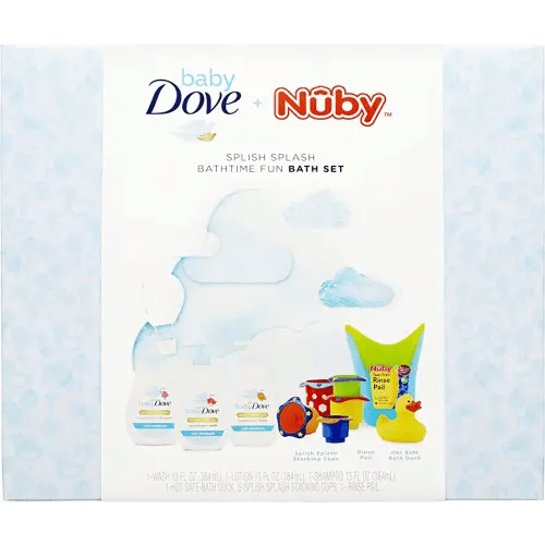 Baby Dove + Nuby Splish Splash Bathtime Gift Set Body Wash, Shampoo, Lotion, Hot Safe Bath Duck, Stacking Cups and Tear-Free Rinse Pail Baby Dermatologist Tested