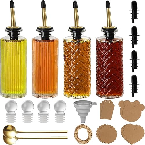 Coffee Syrup Dispenser Bottles, 4 Pack Glass Syrup Dispensers for Coffee Bar, 6.1 Fl Oz Small Maple Syrup Container Set with Golden Spoon, Vintage Oil Dispenser Bottle for Kitchen