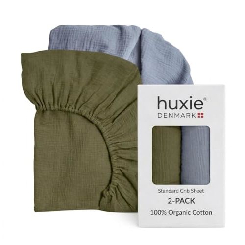 Crib Sheets, 100% Organic Cotton Muslin, 28"x52" Standard 2-Pack | GOTS-certified deep-pocket 360° elastic fit, fits full-size & toddler mattresses, for baby boys (Tradewinds/Sage Green)