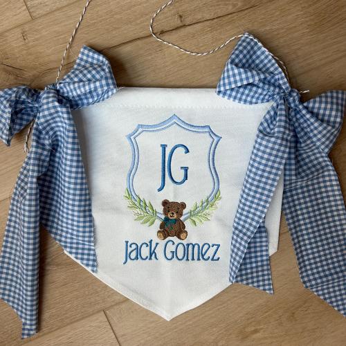 Embroidered Newborn Name Banner: Teddy Bear Shower Gift