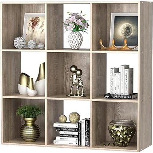 Nouva 9 Cube Storage Organizer Shelf with 5 Removable Back Panels Freestanding 3-Tier Open Wood Bookshelf for Home, Office, Bedroom, Living Room, Oak