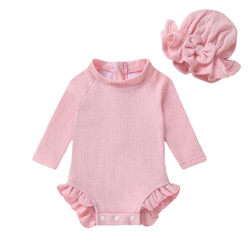 YOUNGER TREE Infant Baby Girls Swimsuit Long Sleeve Swimsuits One Piece Swimsuit Solid Color Bathing Suit with Hat, UPF 50+