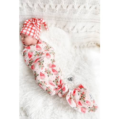 Watercolor Strawberry Fruit Swaddle Blanket with Coordinating Knotted Gingham Hat | Soft Blanket Set | Newborn Baby Swaddle Blanket