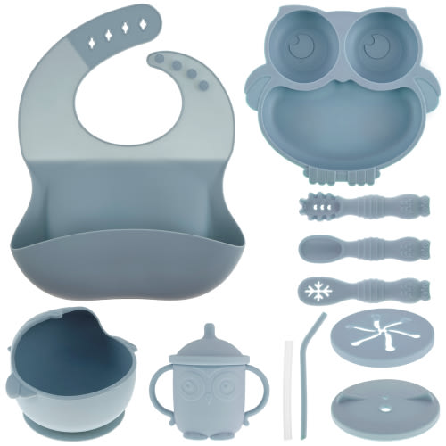 11Pcs Baby Feeding Set Food Grade Baby Weaning Set Reusable Silicone Baby Tableware Set Baby Led Weaning Supplies with Adjustable Bib Suction Bowl Plate 3 Cutlery Cup with Lid Straw for Toddlers