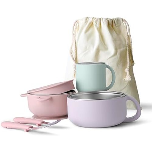 Kids Dinnerware Set - 6 Piese Toddler Plates and Suction Bowls Set with Kids Utensils&Cup, 2 IN 1 Stainless Steel & Silicone Baby Self Feeding Supplies, Lilac& Blush&Sage