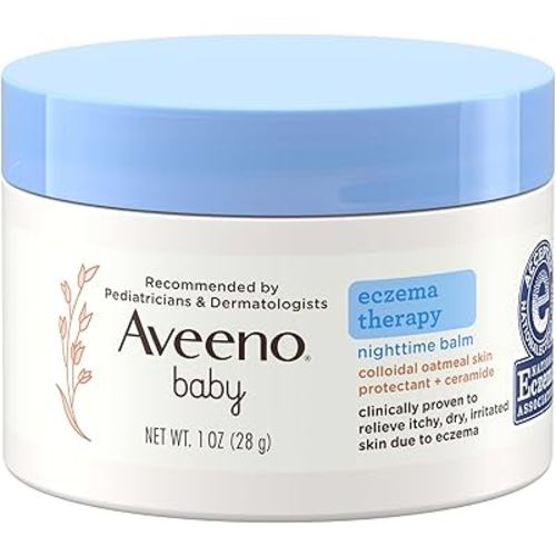 Aveeno Baby Eczema Therapy Nighttime Moisturizing Balm, Colloidal Oatmeal & Ceramide, Soothes & Relieves Dry, Itchy Skin from Eczema, Hypoallergenic, Fragrance-Free, Travel Size, 1 oz