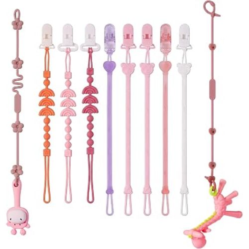 Pacifier Clips & Toy Straps 2-in-1 Combo: 10 Pack with Locking Clips | Extra Long Tethers for Stroller/Car Seat Toys + Short Leashes for Baby Pacifiers & Teethers | BPA Free Silicone (Multicolor 4)