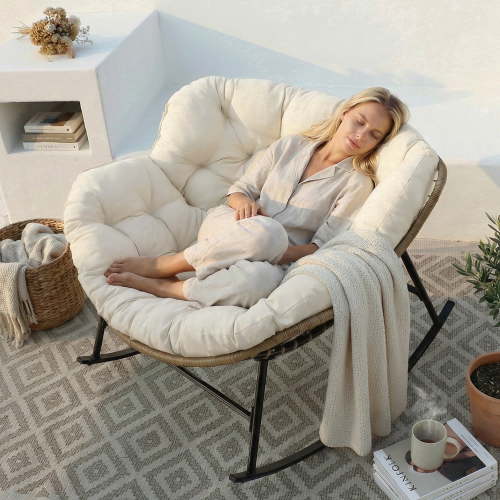 RADIATA Oversized Outdoor Papasan Rocking Chair, Heavy Duty Wicker Patio Rocking Chair with Cushion, 450lbs Capacity, Comfortable, Beige