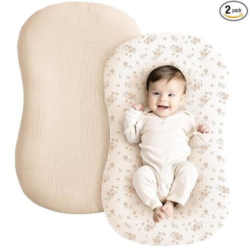 Konssy Muslin Baby Lounger Cover 2 Pack, 100% Cotton Newborn Lounger Cover, Soft and Breathable Baby Nest Slipcover for Boys Girls (Blossom,Pink)