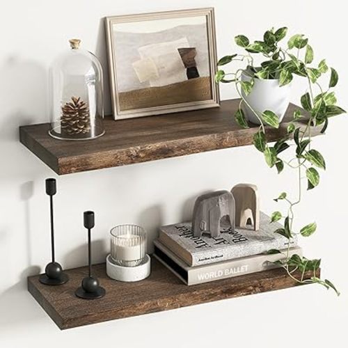 Rustic Elm Wood Floating Shelves for Wall, Live Edge 24"W x 9.2"D x 1.4"H, Set of 2 with Invisible Bracket, Wall Mounted Storage Shelves for Living Room Bedroom Kitchen Bathroom Decor, Walnut Finish