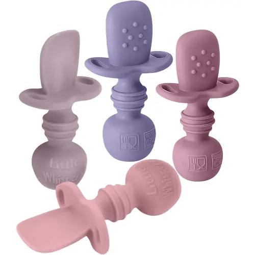 LittleWhispers Baby Silicone Spoons - Self Feeding 6 Months - Infant, Toddler, & Kid Friendly Utensils - First Stage, Baby Led Weaning - 4 Pack Utensil Set (Soft Pinks)