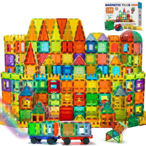 Magnetic Tiles, 130PCS Magnetic Blocks with 2 Cars, Magnet Tiles 3D Clear Building Blocks Set , STEM Sensory Educational Toys Gift for Toddlers Kids Boys 3 4 5 6 7 8 9+ Year Old