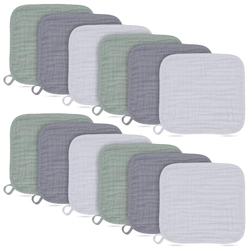 Baby Washcloths -100% Cotton Muslin Soft Baby Bath Wash Cloths and Absorbent Baby Wipes for Newborns Kids Girls and Boys - 12 Pack, 12x12 Inches - Grey, Green, Slate