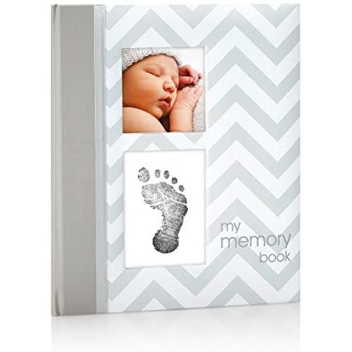 Pearhead First 5 Years Chevron Baby Memory Book, Clean-Touch Baby Safe Ink Pad for Baby’s Handprint or Baby’s Footprint, Gender Neutral Baby Keepsake, Gray
