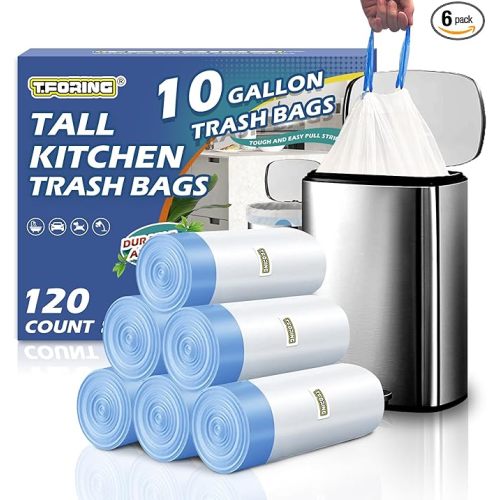 10 Gallon Trash Bags with Drawstring - 120 Count Heavy Duty 1.2 Mil Garbage Bags 38 Liter Unscented White Kitchen Bin Liners for Home & Office