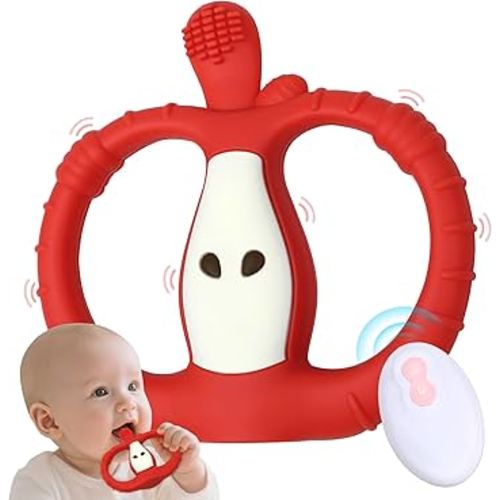 Vibrating Teether for Baby with Remote Control - Chewy Sensory Toy for Teething & Autism, 10-Speed Vibration Modes, USB Rechargeable, Food Grade Silicone Teether for Sensory Seekers (Red)