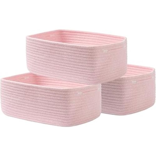 Small Woven Basket, 13.5 x 9.5 x 5 Inches, Storage Basket for Organizing, Cute Small Rope Shelf Closet Cube Storage Bins Baskets for Shelves, Dog Toy Gift Baskets Empty, 3 Pack Light Pink
