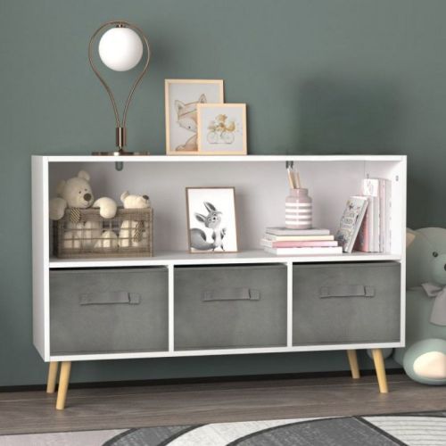 Childrens Bookshelf 4 Cubby Toy Storage Organizer with Collapsible Fabric Drawers, Kids Bookcase Book Display for Kids Room, Playroom and Nursery Grey